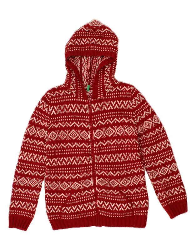 BENETTON Womens Hooded Cardigan Sweater UK 12 Medium Red Fair Isle Hooded Cardigan Collared Cardigan Shawl Collar BENETTON Womens Hooded Cardigan Sweater UK 12 Medium Red Fair Isle Hooded Cardigan Collared Cardigan Shawl Collar