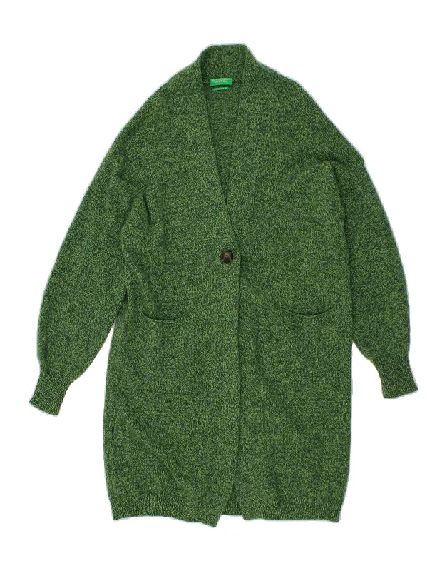 BENETTON Womens Longline Cardigan Sweater UK 14 Medium Green Virgin Wool Faux Fur Fabric Real Fur Fabric Shearling Fabric