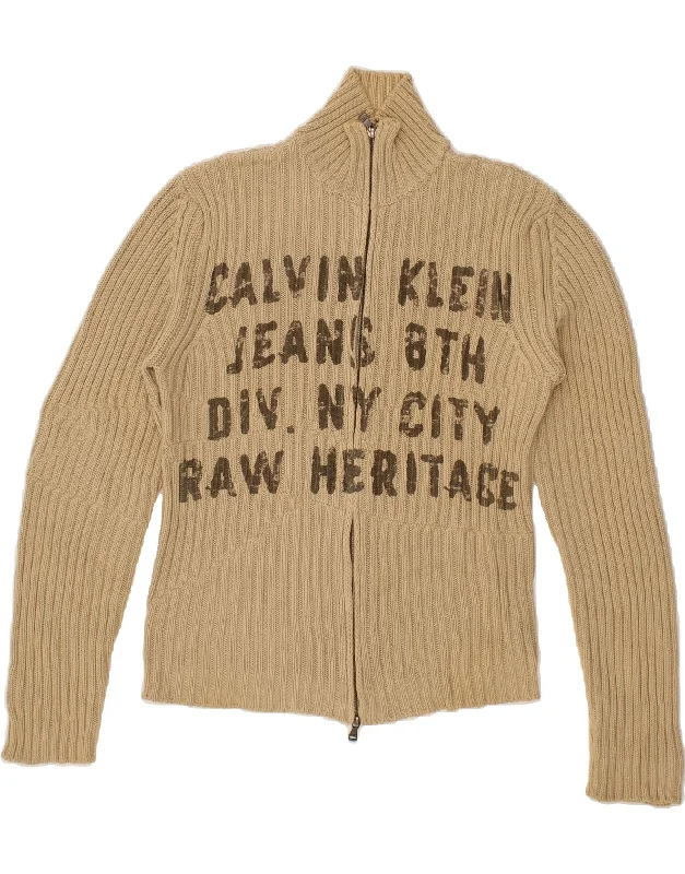 CALVIN KLEIN JEANS Womens Graphic Cardigan Sweater UK 10 Small Beige Print Jacquard Patchwork CALVIN KLEIN JEANS Womens Graphic Cardigan Sweater UK 10 Small Beige Print Jacquard Patchwork