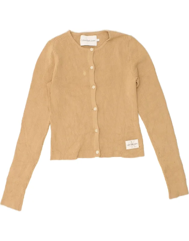 CALVIN KLEIN Womens Crop Cardigan Sweater UK 12 Medium Beige Lyocell Front Pockets Side Pockets Patch Pockets CALVIN KLEIN Womens Crop Cardigan Sweater UK 12 Medium Beige Lyocell Front Pockets Side Pockets Patch Pockets