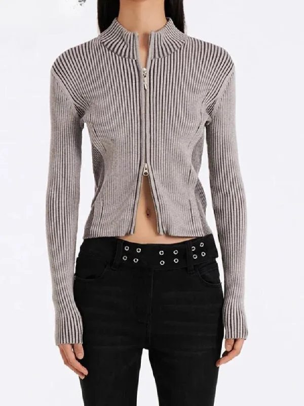 Double Zip-Up Distressed Corduroy Cardigan Chenille Brocade Lace