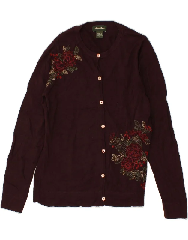 EDDIE BAUER Womens Cardigan Sweater UK 14 Medium Maroon Floral Cotton Zippered Buttoned Snapped EDDIE BAUER Womens Cardigan Sweater UK 14 Medium Maroon Floral Cotton Zippered Buttoned Snapped