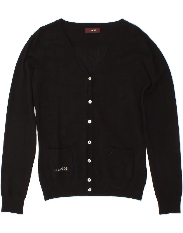 GAUDI Womens Graphic Cardigan Sweater IT 46 Large Black Silk Denim Fabric Leather Fabric Suede Fabric