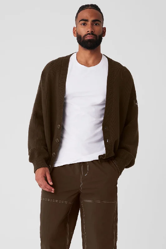Scholar Cardigan Sweater - Espresso Houndstooth Herringbone Solid