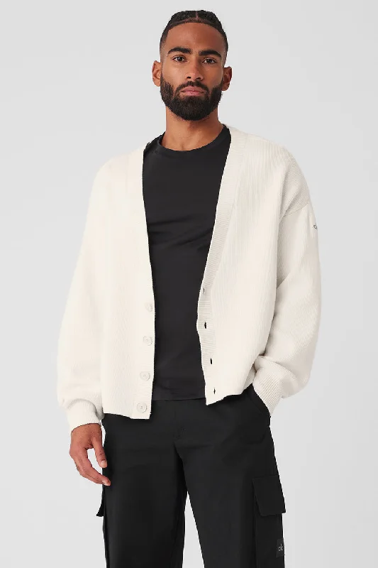 Scholar Cardigan Sweater - Ivory Zippered Buttoned Snapped