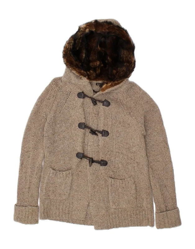 MASSIMO DUTTI Womens Hooded Cardigan Sweater UK 18 XL Beige Flecked Wool Toggled Drawstring Belted
