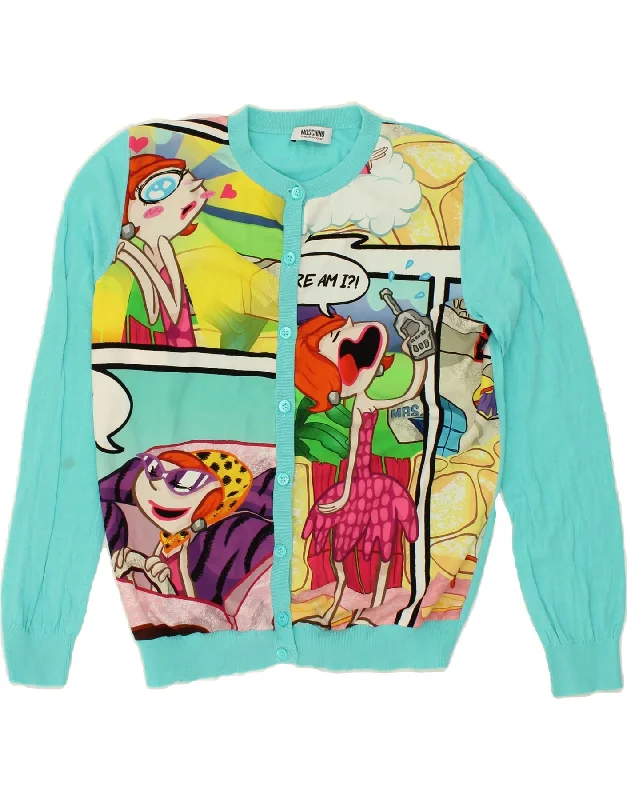 MOSCHINO Womens Graphic Cardigan Sweater UK 10 Small Turquoise Cotton Elasticated Padded Insulated MOSCHINO Womens Graphic Cardigan Sweater UK 10 Small Turquoise Cotton Elasticated Padded Insulated
