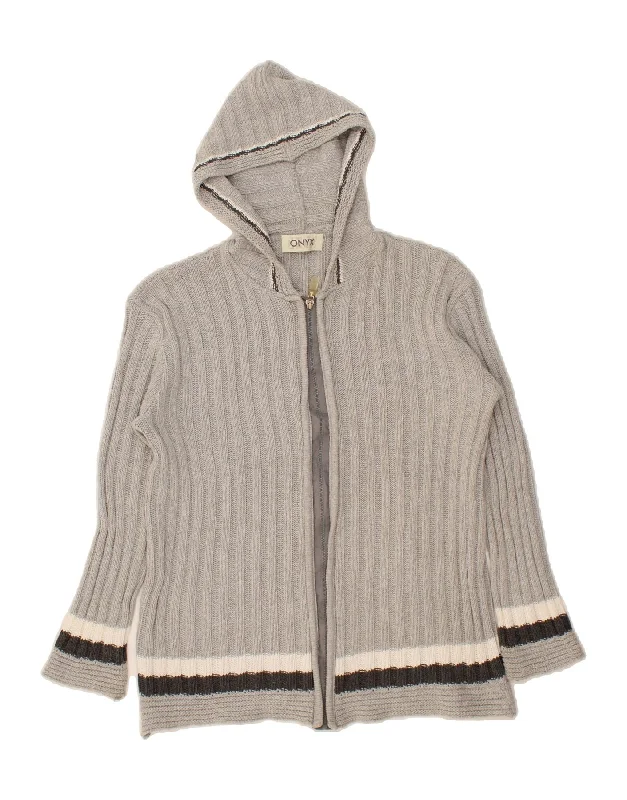 ONYX Womens Hooded Cardigan Sweater UK 16 Large Grey Striped Print Jacquard Patchwork ONYX Womens Hooded Cardigan Sweater UK 16 Large Grey Striped Print Jacquard Patchwork