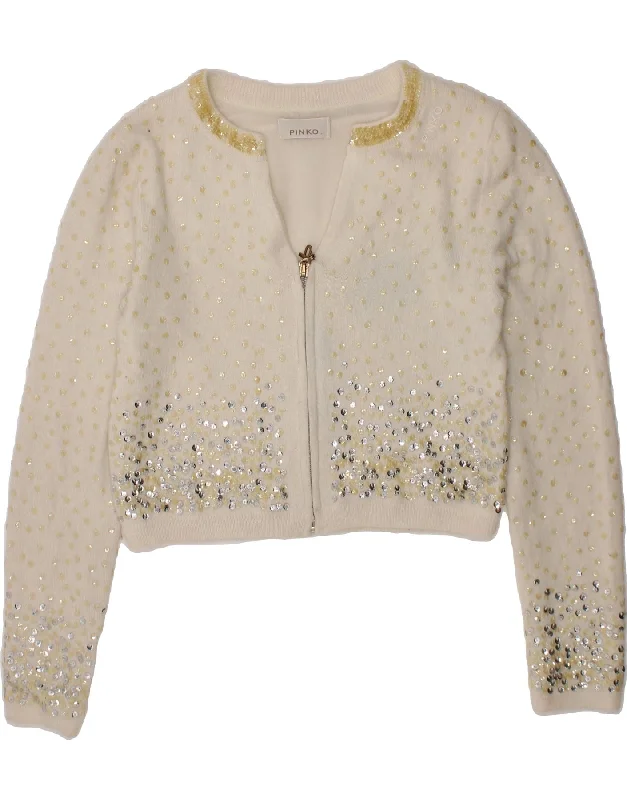 PINKO Womens Slim Fit Crop Cardigan Sweater UK 14 Large White Spotted Knit Fabric Woven Fabric Fleece Fabric PINKO Womens Slim Fit Crop Cardigan Sweater UK 14 Large White Spotted Knit Fabric Woven Fabric Fleece Fabric