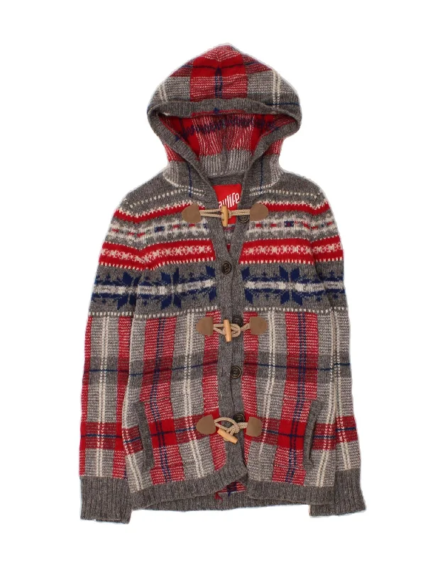 PLAYLIFE Womens Hooded Cardigan Sweater UK 8 Small Grey Check Cotton Fabric Linen Fabric Terry Fabric