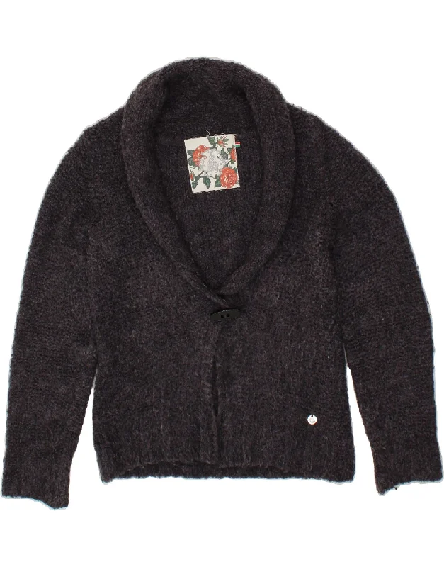 RIFLE Womens Crop Cardigan Sweater UK 12 Medium Navy Blue Alpaca Wool Notch Collar Peter Pan Collar Cowl Neck