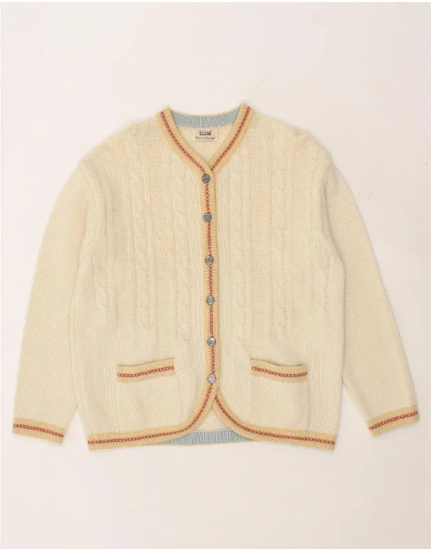 SISLEY Womens Cardigan Sweater UK 14 Medium Off White Virgin Wool Cable Knit Ribbed Knit Lace Knit SISLEY Womens Cardigan Sweater UK 14 Medium Off White Virgin Wool Cable Knit Ribbed Knit Lace Knit