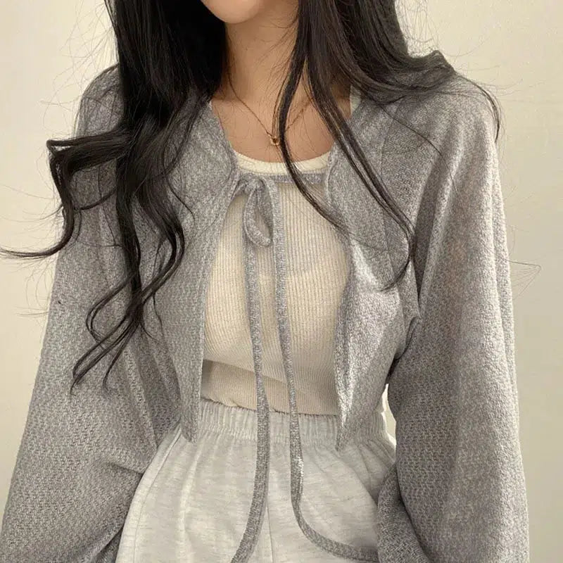 Soft Girl Lace Up Crop Cardigan Fleece Cardigan Nylon Polyester