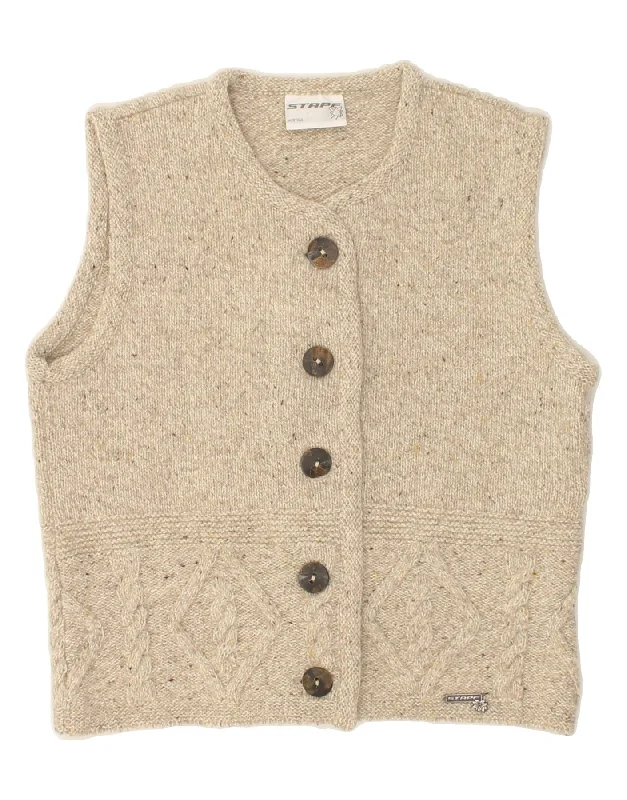 STAPF Womens Sleeveless Cardigan Sweater UK 12 Medium Beige Flecked Wool Polka Dot Checkered Tartan