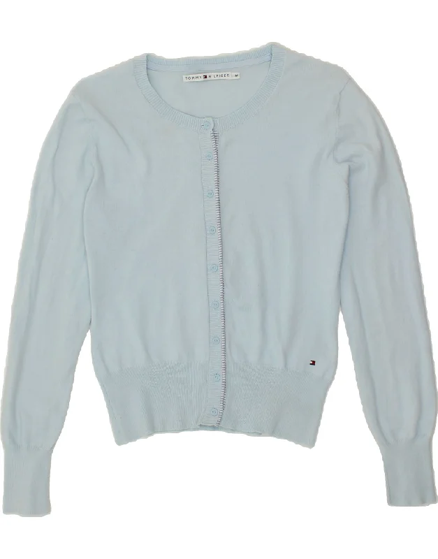 TOMMY HILFIGER Womens Crop Cardigan Sweater UK 12 Medium Blue Cotton Satin Blend Silk Blend Wool Blend TOMMY HILFIGER Womens Crop Cardigan Sweater UK 12 Medium Blue Cotton Satin Blend Silk Blend Wool Blend