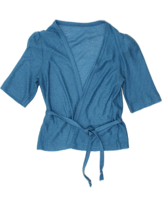 VINTAGE Womens 1/2 Sleeve Cardigan Sweater IT 44 Medium Blue Acrylic Chenille Blend Fleece Blend Nylon Blend VINTAGE Womens 1/2 Sleeve Cardigan Sweater IT 44 Medium Blue Acrylic Chenille Blend Fleece Blend Nylon Blend
