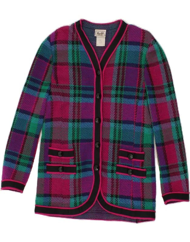 VINTAGE Womens 3/4 Sleeve Cardigan Sweater UK 10 Small Multicoloured Check Hooded Caped Shawl Collar