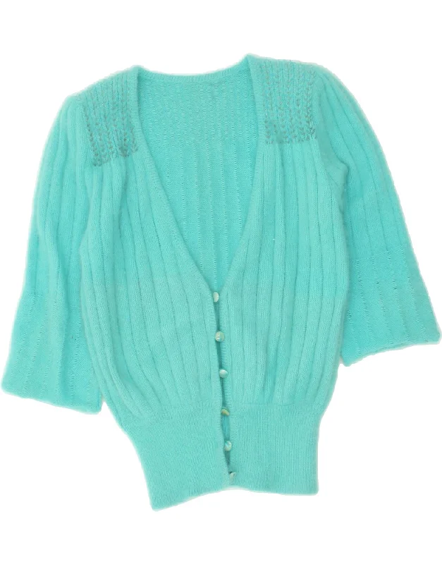 VINTAGE Womens 3/4 Sleeve Cardigan Sweater UK 12 Medium Blue Silk Blend Satin Velvet VINTAGE Womens 3/4 Sleeve Cardigan Sweater UK 12 Medium Blue Silk Blend Satin Velvet