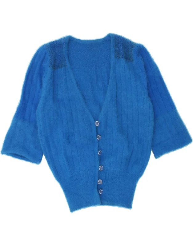 VINTAGE Womens 3/4 Sleeve Cardigan Sweater UK 14 Medium Blue Real Fur Shearling Chenille VINTAGE Womens 3/4 Sleeve Cardigan Sweater UK 14 Medium Blue Real Fur Shearling Chenille