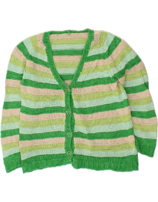 VINTAGE Womens 3/4 Sleeve Cardigan Sweater UK 14 Medium Green Striped Embroidered Appliqued Beaded VINTAGE Womens 3/4 Sleeve Cardigan Sweater UK 14 Medium Green Striped Embroidered Appliqued Beaded