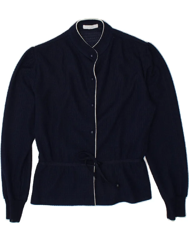VINTAGE Womens Cardigan Sweater UK 10 Small Navy Blue Polyester Print Jacquard Patchwork VINTAGE Womens Cardigan Sweater UK 10 Small Navy Blue Polyester Print Jacquard Patchwork
