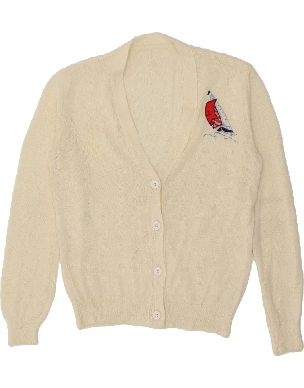 VINTAGE Womens Cardigan Sweater UK 12 Medium Off White Acrylic Nylon Fabric Polyester Fabric Spandex Fabric