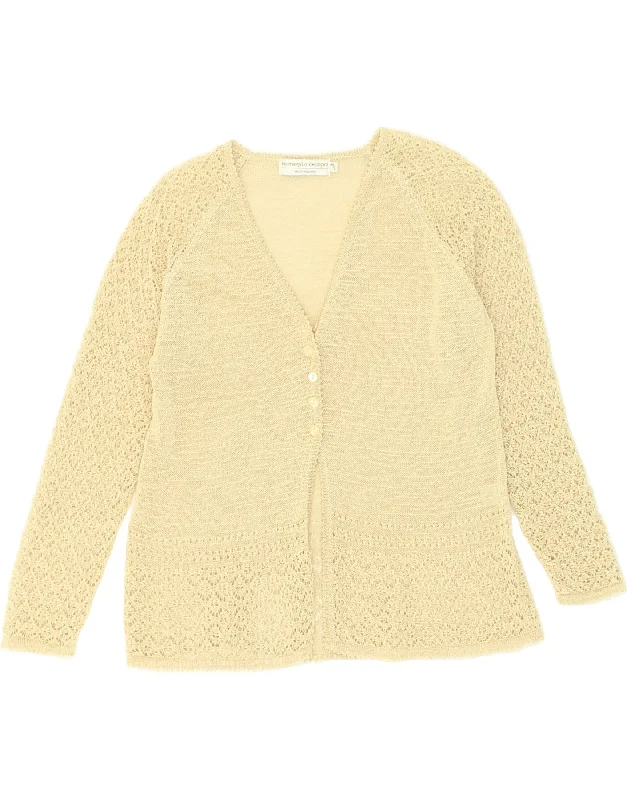VINTAGE Womens Cardigan Sweater UK 12 Medium Yellow Polyester Mesh Cardigan Canvas Denim VINTAGE Womens Cardigan Sweater UK 12 Medium Yellow Polyester Mesh Cardigan Canvas Denim
