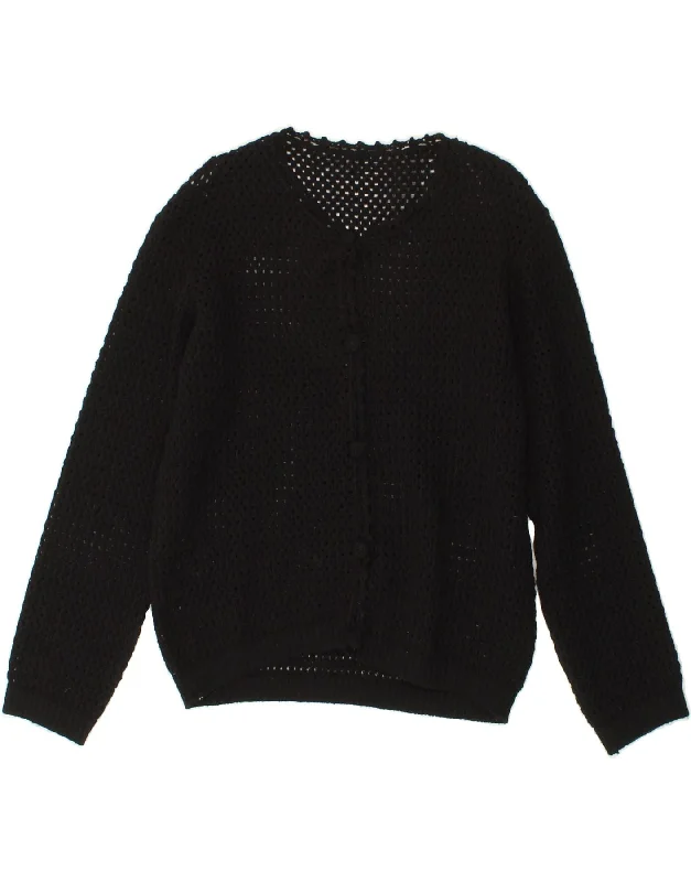 VINTAGE Womens Cardigan Sweater UK 14 Medium Black Collared Crew Neck Turtle Neck