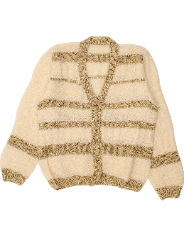 VINTAGE Womens Cardigan Sweater UK 16 Large Beige Striped Solid Print Embellished