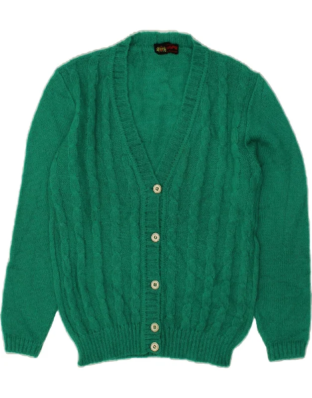 VINTAGE Womens Cardigan Sweater UK 16 Large Green Solid Color Striped Floral Print