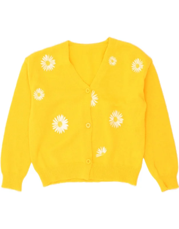 VINTAGE Womens Cardigan Sweater UK 16 Large Yellow Floral Polyester Boat Neck Shawl Collar Notched Collar