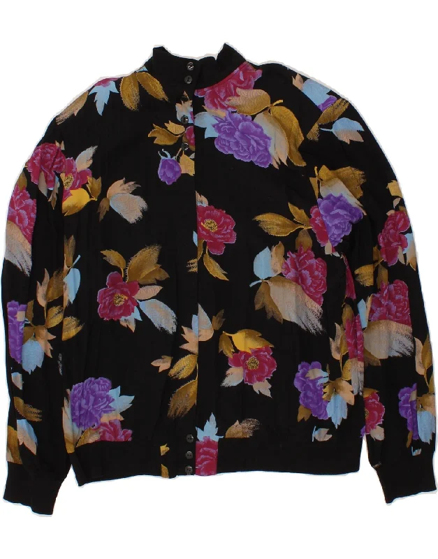 VINTAGE Womens Cardigan Top EU 40 Medium Black Floral Viscose Soft Cozy Warm