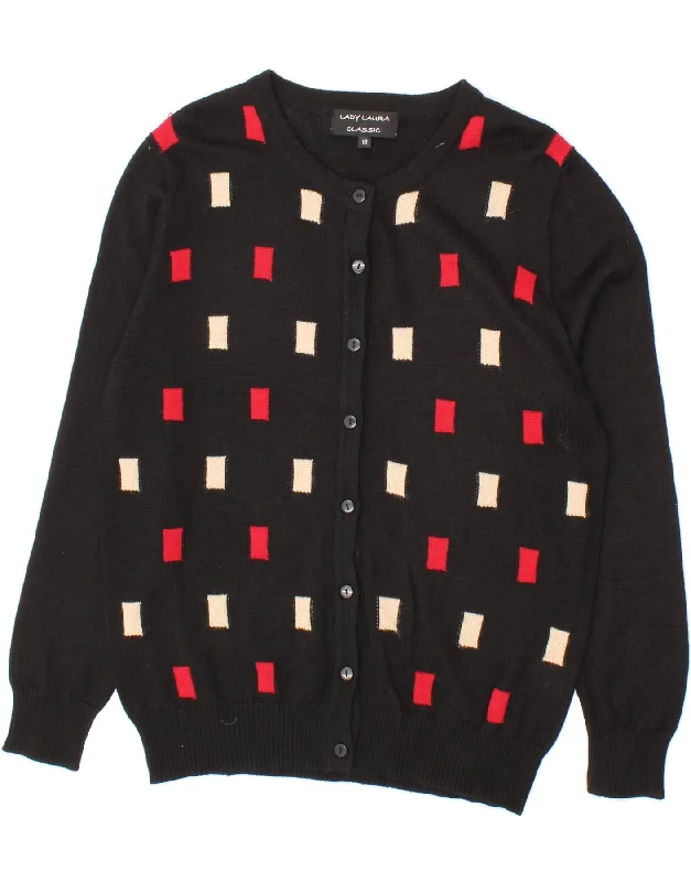 VINTAGE Womens Classic Cardigan Sweater UK 16 Large Black Geometric Wool Glossy Satin Silk VINTAGE Womens Classic Cardigan Sweater UK 16 Large Black Geometric Wool Glossy Satin Silk