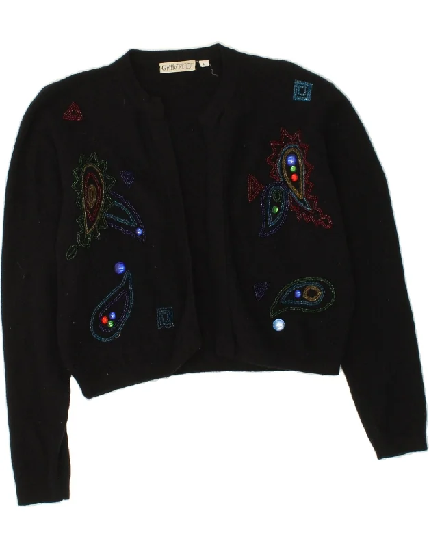 VINTAGE Womens Crop Open Cardigan Sweater UK 16 Large Black Lambswool Chenille Brocade Lace VINTAGE Womens Crop Open Cardigan Sweater UK 16 Large Black Lambswool Chenille Brocade Lace
