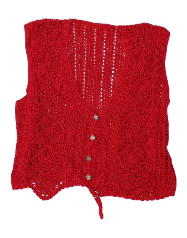VINTAGE Womens Crop Sleeveless Cardigan Sweater UK 18 XL Red Velvet Chenille Corduroy VINTAGE Womens Crop Sleeveless Cardigan Sweater UK 18 XL Red Velvet Chenille Corduroy