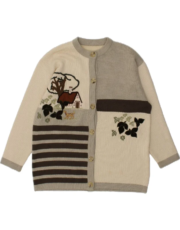 VINTAGE Womens Graphic Cardigan Sweater IT 46 Large Off White Colourblock Cable Knit Ribbed Knit Lace Knit VINTAGE Womens Graphic Cardigan Sweater IT 46 Large Off White Colourblock Cable Knit Ribbed Knit Lace Knit