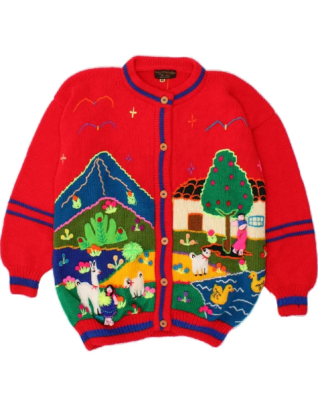 VINTAGE Womens Graphic Cardigan Sweater UK 14 Medium Red Wool Terry Blend Velvet Blend Canvas Blend VINTAGE Womens Graphic Cardigan Sweater UK 14 Medium Red Wool Terry Blend Velvet Blend Canvas Blend