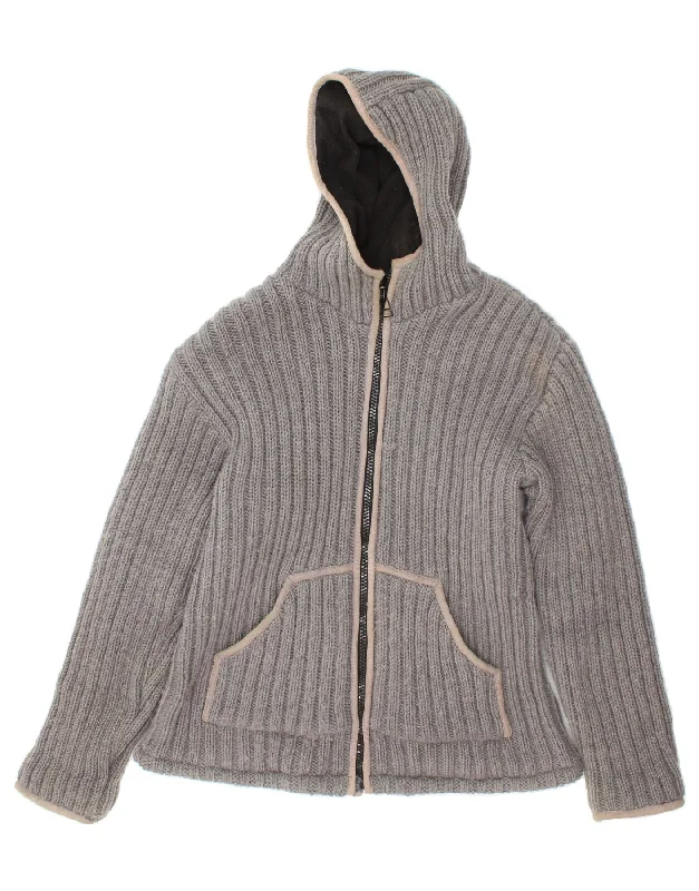 VINTAGE Womens Hooded Cardigan Sweater UK 18 XL Grey Wool Ribbed Striped Patterned