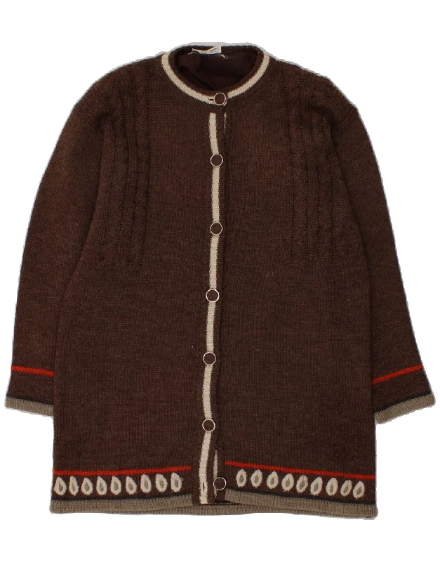 VINTAGE Womens Longline Cardigan Sweater UK 16 Large Brown Fair Isle Toggled Drawstring Belted