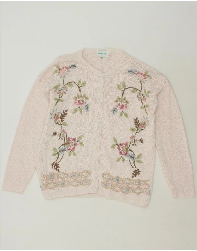 VINTAGE Womens Oversized Cardigan Sweater US 3 Small Pink Floral Ramie Houndstooth Herringbone Solid