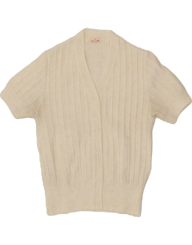 VINTAGE Womens Short Sleeve Cardigan Sweater IT 46 Large Beige Polyester Open Front Closed Front Wrap Front