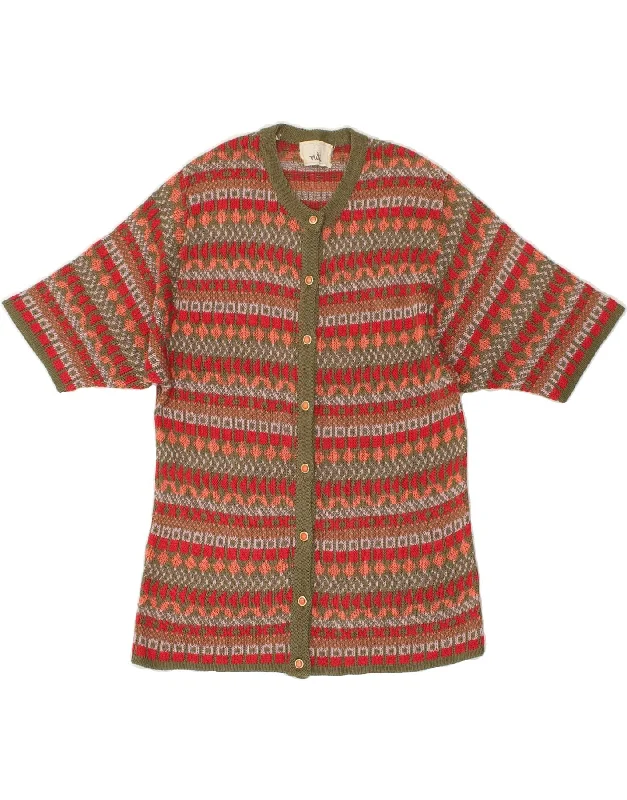 VINTAGE Womens Short Sleeve Cardigan Sweater UK 12 Medium Red Fair Isle Lace Blend Ribbed Blend Corduroy Blend