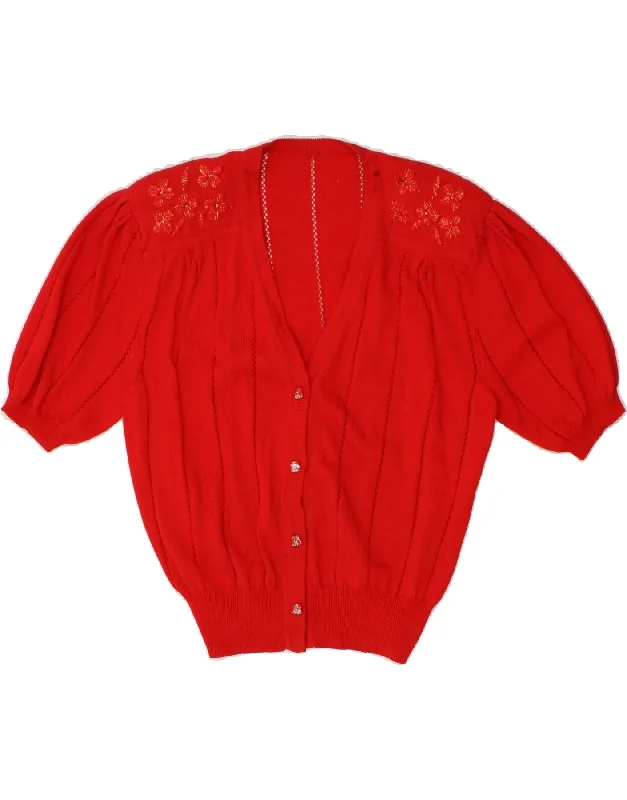 VINTAGE Womens Short Sleeve Cardigan Sweater UK 16 Large Red Floral Cable Knit Ribbed Knit Lace Knit