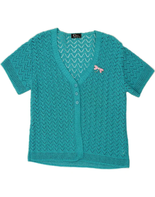 VINTAGE Womens Short Sleeve Cardigan Sweater UK 18 XL Turquoise Cotton Transparent Opaque Sheer VINTAGE Womens Short Sleeve Cardigan Sweater UK 18 XL Turquoise Cotton Transparent Opaque Sheer