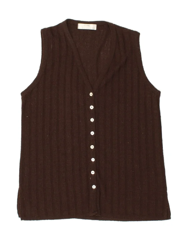 VINTAGE Womens Sleeveless Cardigan Sweater EU 38 /40 Medium Brown Viscose Boat Neck Shawl Collar Notched Collar VINTAGE Womens Sleeveless Cardigan Sweater EU 38 /40 Medium Brown Viscose Boat Neck Shawl Collar Notched Collar