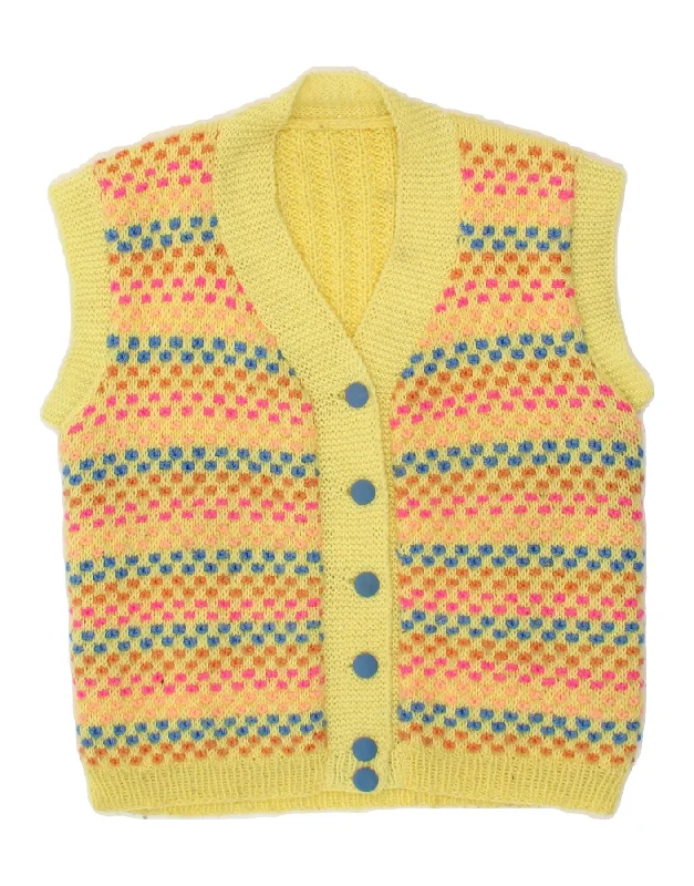 VINTAGE Womens Sleeveless Cardigan Sweater UK 10 Small Yellow Geometric Jersey Fabric Tulle Fabric Batik Fabric VINTAGE Womens Sleeveless Cardigan Sweater UK 10 Small Yellow Geometric Jersey Fabric Tulle Fabric Batik Fabric