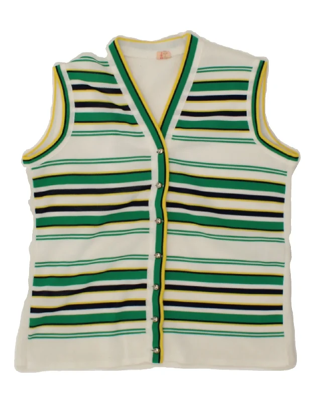 VINTAGE Womens Sleeveless Cardigan Sweater UK 12 Medium White Striped Welt Pockets Slit Pockets Flap Pockets