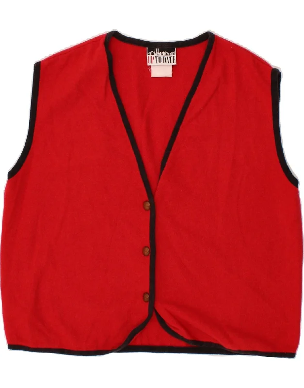 VINTAGE Womens Sleeveless Cardigan Sweater UK 14 Large Red Patchwork Embroidered Appliqued