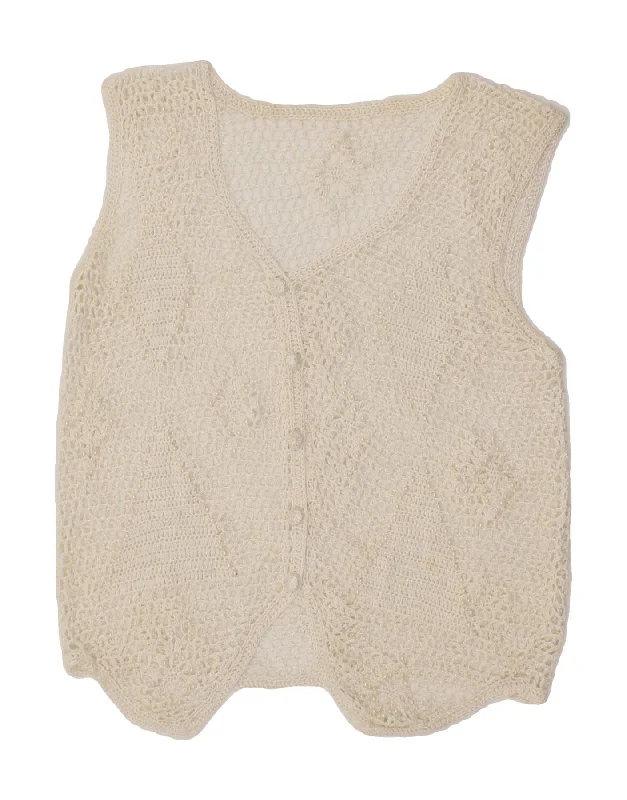 VINTAGE Womens Sleeveless Crochet Cardigan Sweater UK 10 Small Off White Crew Neck V-Neck Turtle Neck