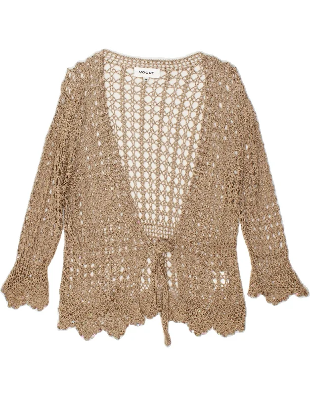 VOGUE Womens Crochet Cardigan Sweater UK 14 Medium Beige Viscose Notch Collar Peter Pan Collar Cowl Neck VOGUE Womens Crochet Cardigan Sweater UK 14 Medium Beige Viscose Notch Collar Peter Pan Collar Cowl Neck
